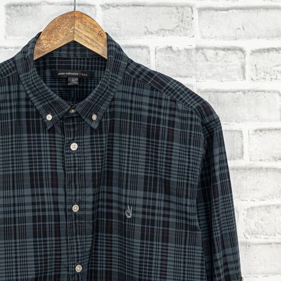 John Varvatos Men's Button Down Shirt blue plaid with Peace Logo size Large - Picture 2 of 7